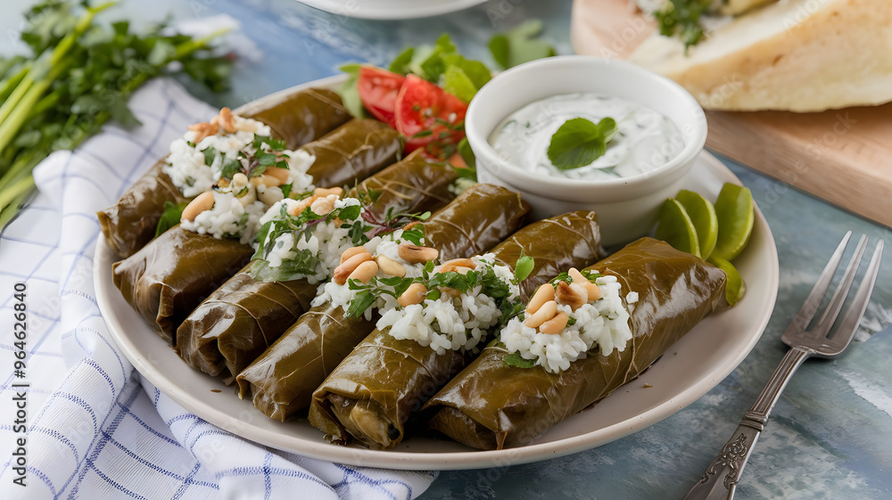 A platter of stuffed grape leaves (dolma) filled with rice, pine nuts, and herbs, served with a side of tzatziki sauce. A platter of stuffed grape leaves (dolma) filled with rice, pine nuts, and herbs, served with a side of tzatziki sauce.