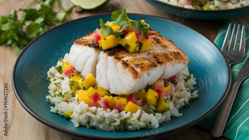 A serving of blackened mahi-mahi with mango salsa, served over a bed of cilantro-lime rice and garnished with fresh cilantro.  