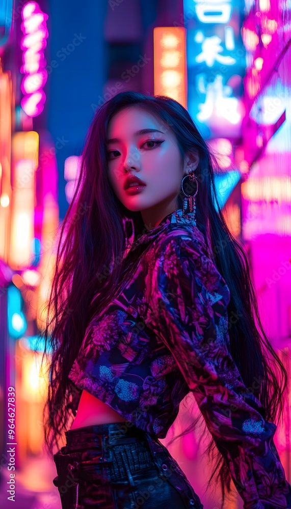 A young Asian woman in a vibrant city, neon lights, trendy fashion, dynamic pose A young Asian woman in a vibrant city, neon lights, trendy fashion, dynamic pose