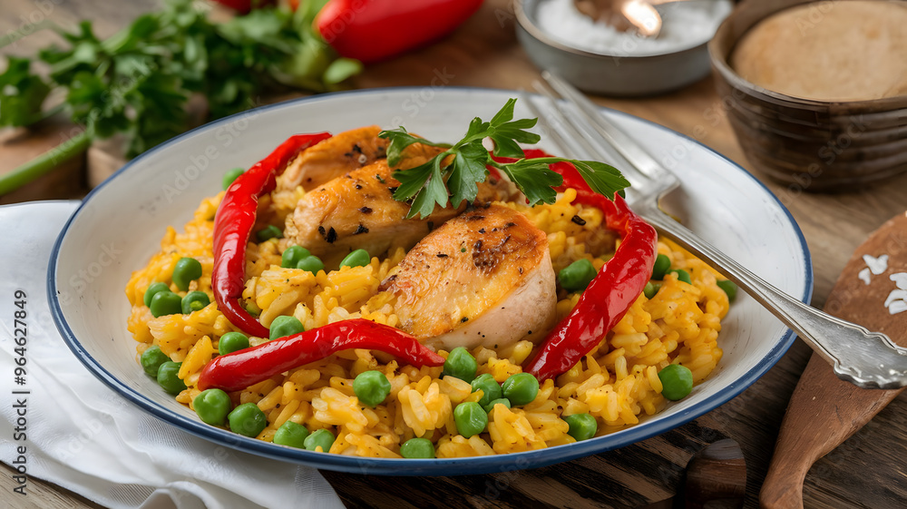 A serving of Spanish arroz con pollo, a saffron-infused rice dish with chicken, peas, and roasted red peppers, garnished with fresh parsley. A serving of Spanish arroz con pollo, a saffron-infused rice dish with chicken, peas, and roasted red peppers, garnished with fresh parsley.