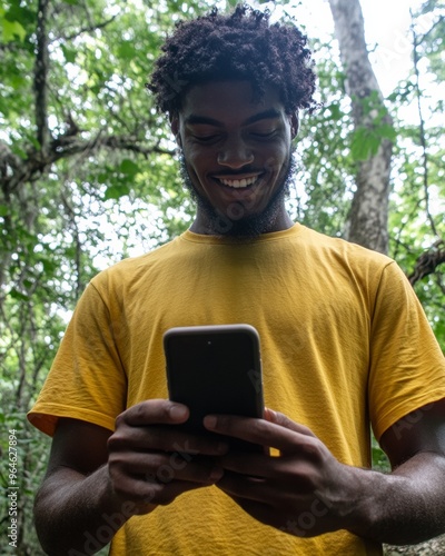 Enthusiastic Young Man Tracking Health with Mobile App in Forest