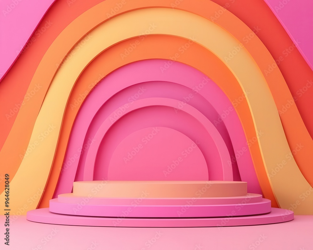 Geometric podium made of structured paper layers, smooth flowing platform, 3D illustration Geometric podium made of structured paper layers, smooth flowing platform, 3D illustration