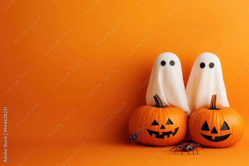Funny Halloween cute ghost and Halloween pumpkins with space for text over orange background, Minimal Style Funny Halloween cute ghost and Halloween pumpkins with space for text over orange background, Minimal Style