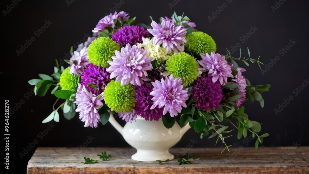 A bouquet of purple and green flowers, including chrysanthemums, pink daisies, sage leaves and several small white or yellow flowers. A bouquet of purple and green flowers, including chrysanthemums, pink daisies, sage leaves and several small white or yellow flowers.