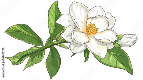 Beautiful white magnolia flower with green leaves, symbolizing purity and elegance, perfect for nature-themed designs.