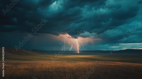 Thunderstorm Over Grassland: Dramatic Lightning Strike