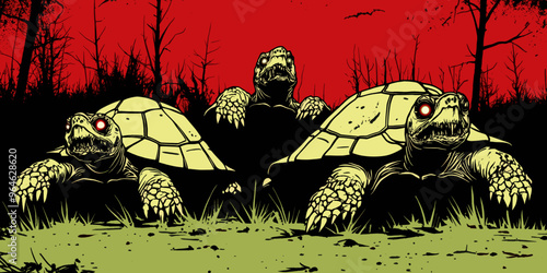 Dark surreal illustration of three eerie, glowing-eyed tortoises emerging from the ground in a haunting, apocalyptic red sky setting