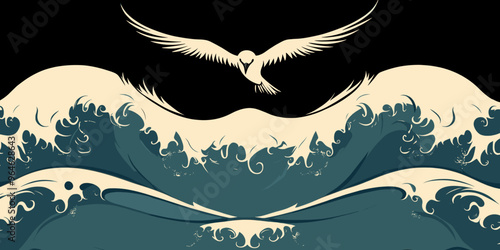 Stylized seagull soaring over ocean waves in artistic wave pattern, monochrome bird and sea illustration, black background