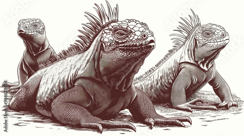 Detailed illustration of three iguanas resting, showcasing their textured scales and unique spines in a realistic black and white style