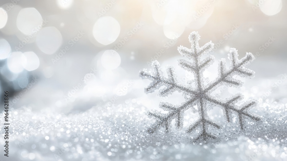 A close-up of a delicate snowflake resting on sparkling snow, creating a serene winter atmosphere. A close-up of a delicate snowflake resting on sparkling snow, creating a serene winter atmosphere.