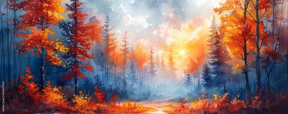 A painting of a forest with a sun in the sky. The painting is full of warm colors and has a peaceful, serene mood A painting of a forest with a sun in the sky. The painting is full of warm colors and has a peaceful, serene mood