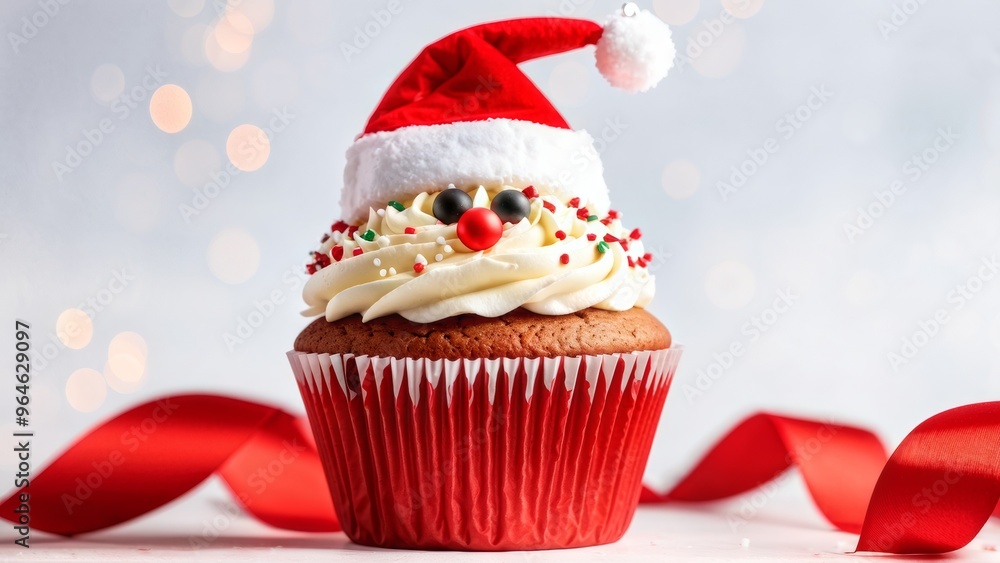 A Christmas cupcake covered with cream cheese frosting and topped with a Santa Claus cap made of fondant. The cupcake is surrounded by sparkling tinsel and a place for text. A Christmas cupcake covered with cream cheese frosting and topped with a Santa Claus cap made of fondant. The cupcake is surrounded by sparkling tinsel and a place for text.