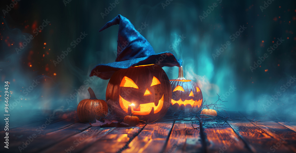 Fototapeta premium Illustration for Halloween featuring decorated pumpkins and fog in a spooky forest. Illustration for banner or poster. Halloween decorations, traditions and cultures, autumn parties.