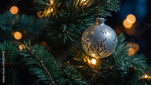 Festive Christmas Eve night with a sparkling ornament on a pine tree.