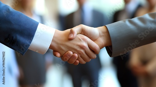 Two businesspeople shaking hands with a group of colleagues in the background.