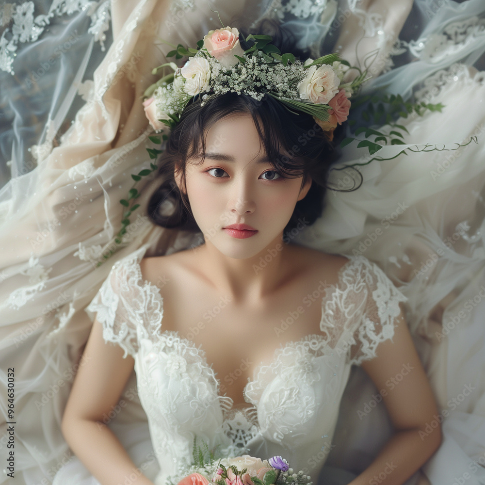 An Asian bride wearing a wedding dress and a flower crown is lying down holding a bouquet. An Asian bride wearing a wedding dress and a flower crown is lying down holding a bouquet.