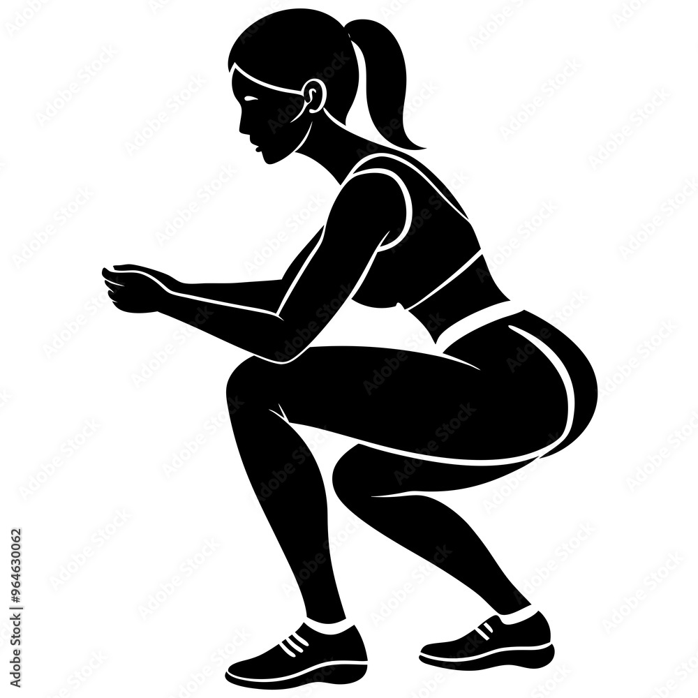 Squat Pose Women Fitness Workout Side view silhouette vector illustration Squat Pose Women Fitness Workout Side view silhouette vector illustration