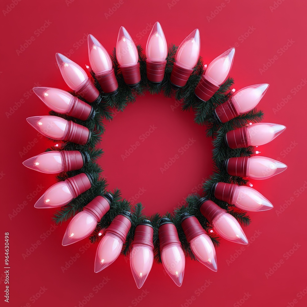 Obraz premium Christmas red background with realistic decoration round ring from glass light garland. Merry Christmas Greeting card. Happy new year. ai generated