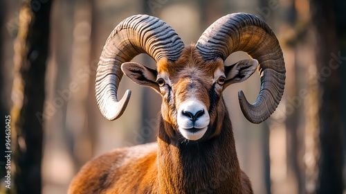 A large male bighorn sheep with impressive horns stands in a forest setting. photo