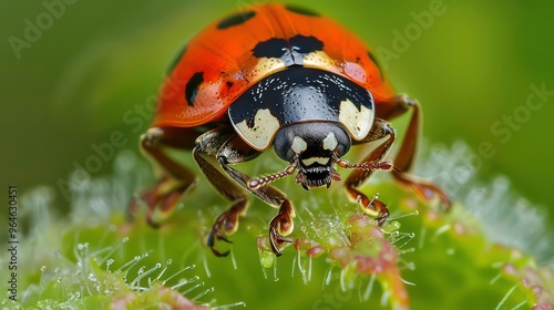 A close-up of a ladybug perched on a green leaf, its black and white markings contrasting with the vibrant orange of its body. photo