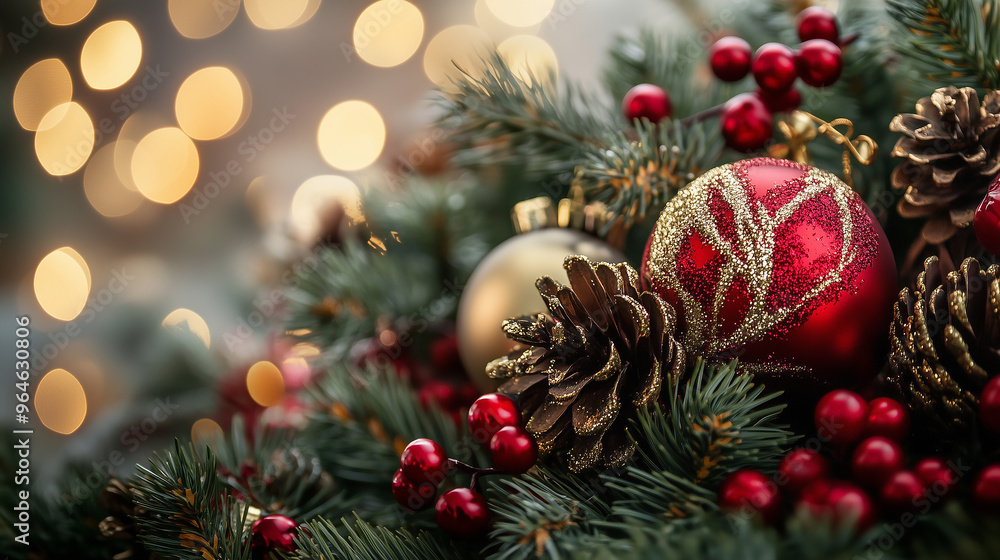 A red and gold ornament sits on a tree branch A red and gold ornament sits on a tree branch
