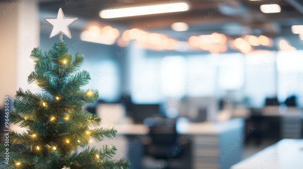 Fototapeta premium A decorated Christmas tree with lights in a modern office setting, creating a festive atmosphere.