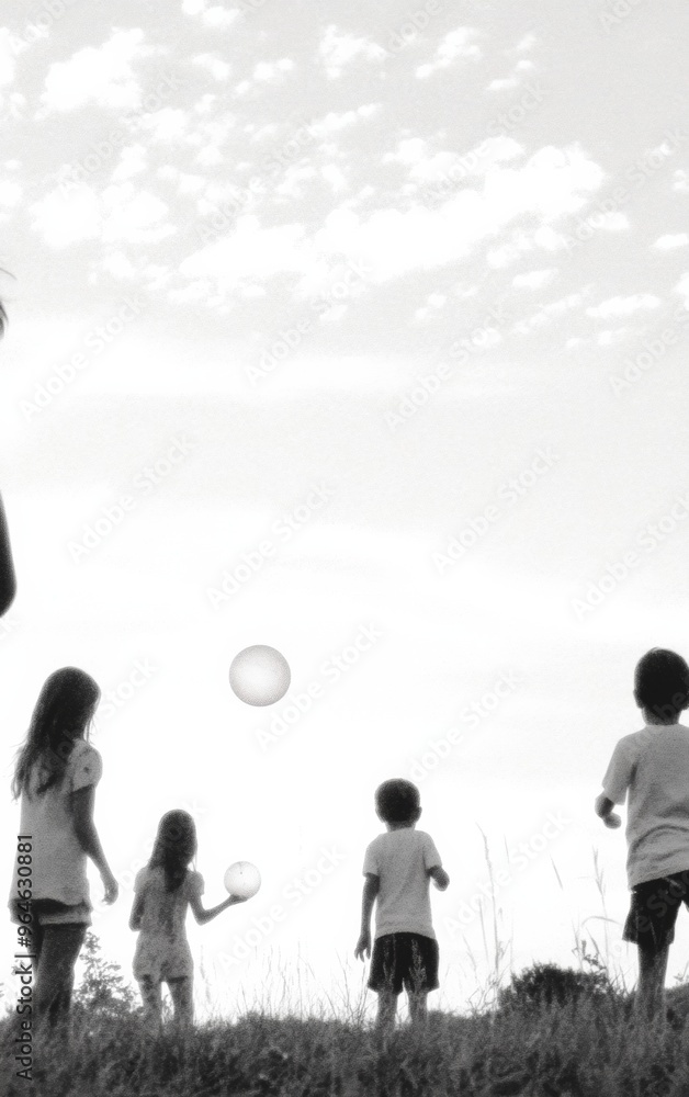 Silhouetted Children Playing at Sunset with Under a Soft Sky Silhouetted Children Playing at Sunset with Under a Soft Sky
