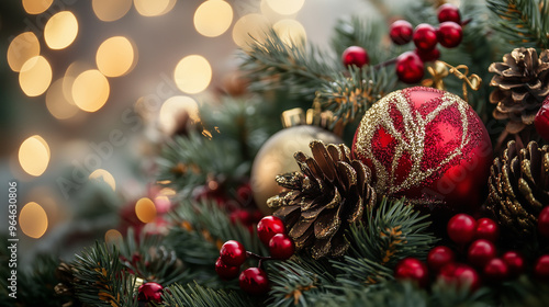 A red and gold ornament sits on a tree branch