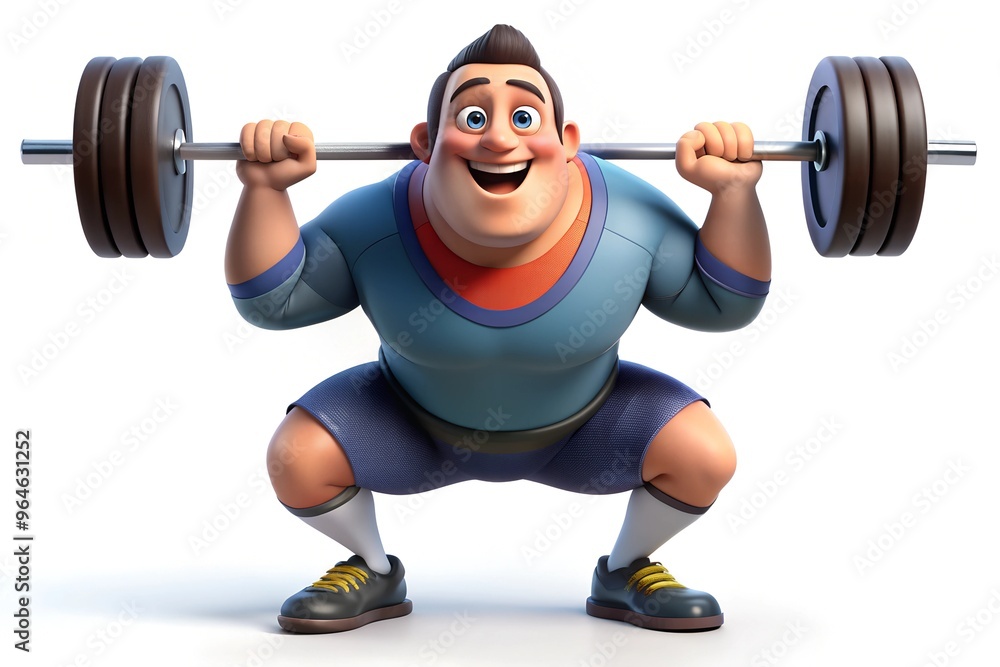 Happy cartoon man lifting weights with determination Happy cartoon man lifting weights with determination