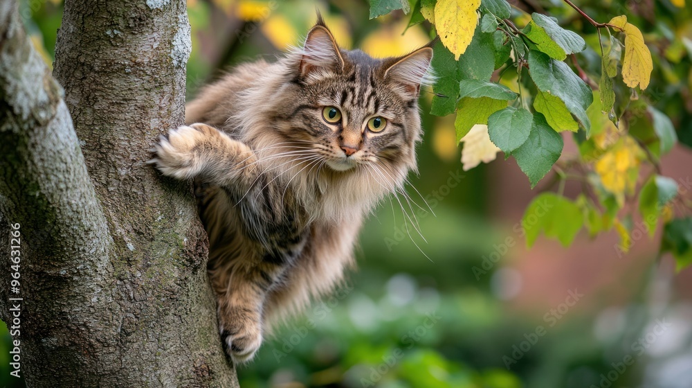 A cat perched on a tree branch, exploring its surroundings with curiosity. A cat perched on a tree branch, exploring its surroundings with curiosity.
