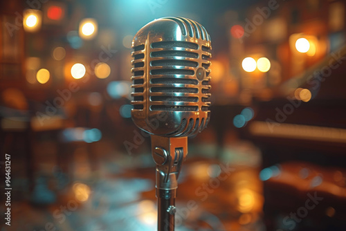 Vintage microphone in a dimly lit music venue with warm bokeh lights, grand piano in the background, perfect for karaoke, live performances, vocal concerts, and stand-up comedy