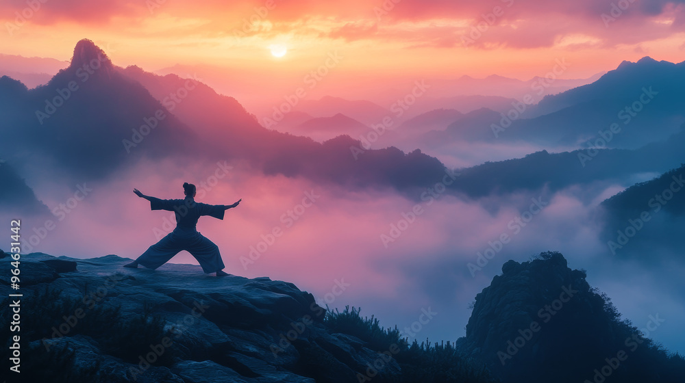 Silhouette of Person Practicing Yoga on Mountaintop at Sunrise Silhouette of Person Practicing Yoga on Mountaintop at Sunrise