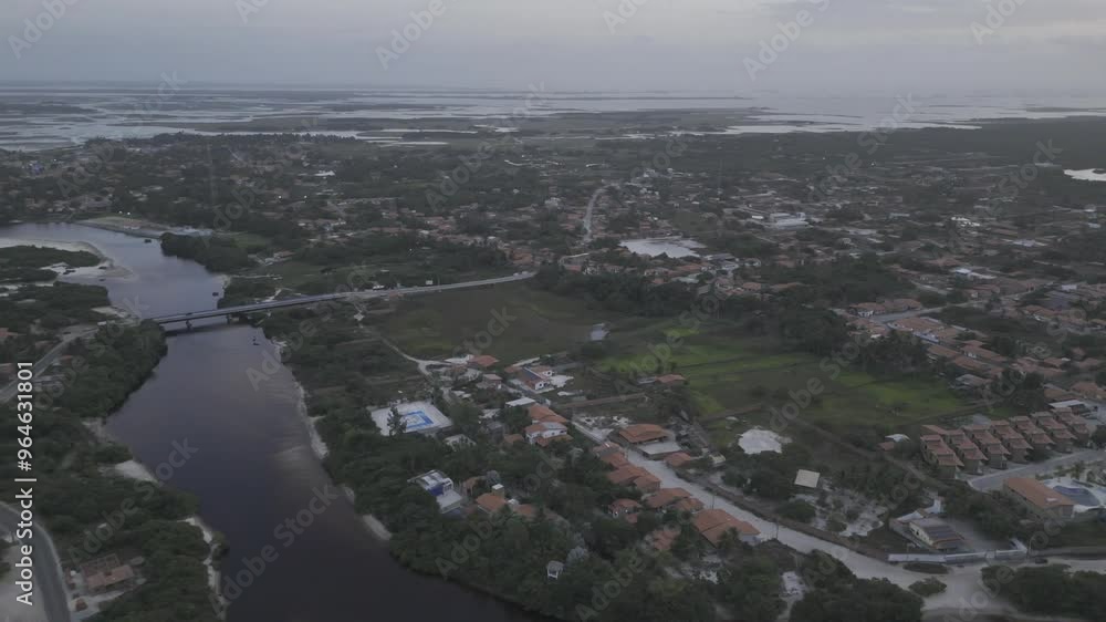 Drone orbits to the right over Santo Amaro at sunrise Drone orbits to the right over Santo Amaro at sunrise
