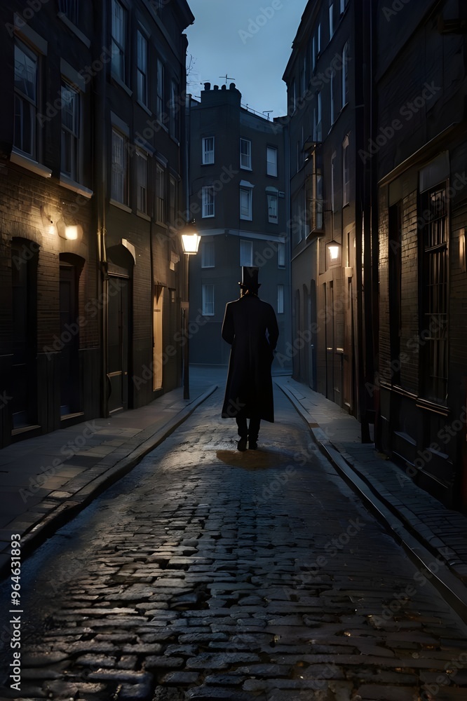 Mysterious man in black coat and top hat strolls through dimly lit 19th-century city alley, evoking a cinematic historical thriller Mysterious man in black coat and top hat strolls through dimly lit 19th-century city alley, evoking a cinematic historical thriller