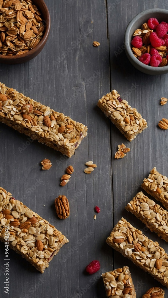 Granola bars and ingredients spread out on a grey wooden table, ample space for text. Granola bars and ingredients spread out on a grey wooden table, ample space for text.