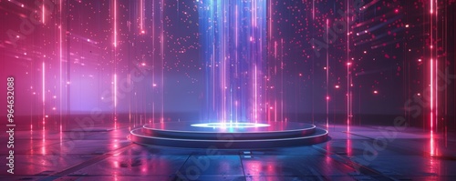 Futuristic glass podium with holographic elements, creating a tech-savvy display.