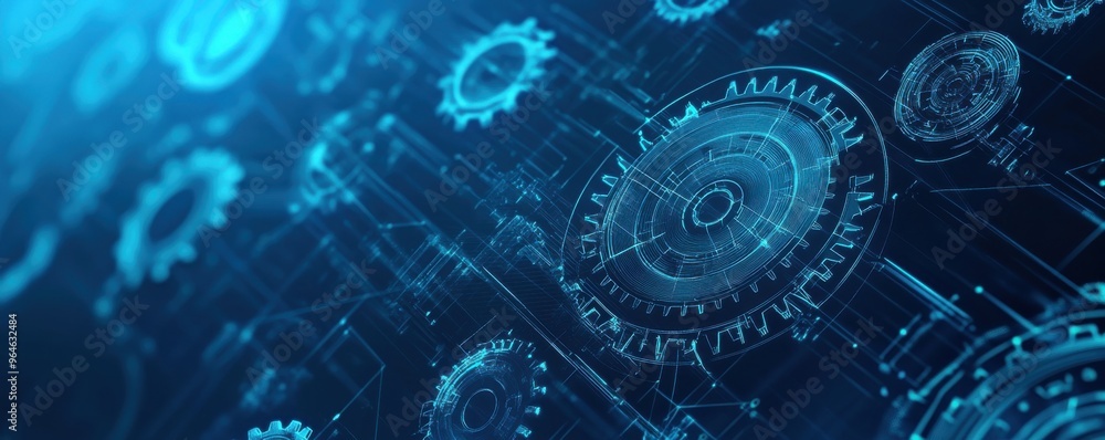 Futuristic blue background with digital gears and lines showcasing technology and innovation