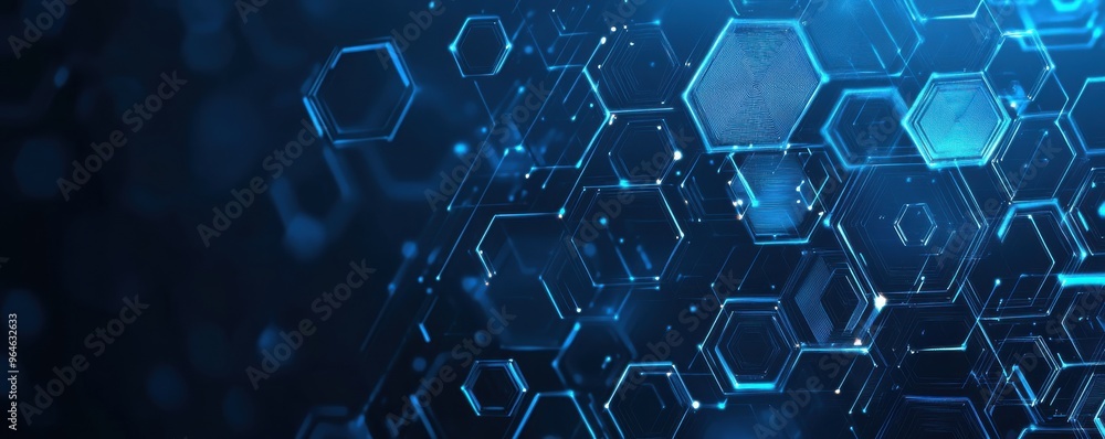 Blue technology background with interconnected hexagons and digital patterns in a futuristic design Blue technology background with interconnected hexagons and digital patterns in a futuristic design