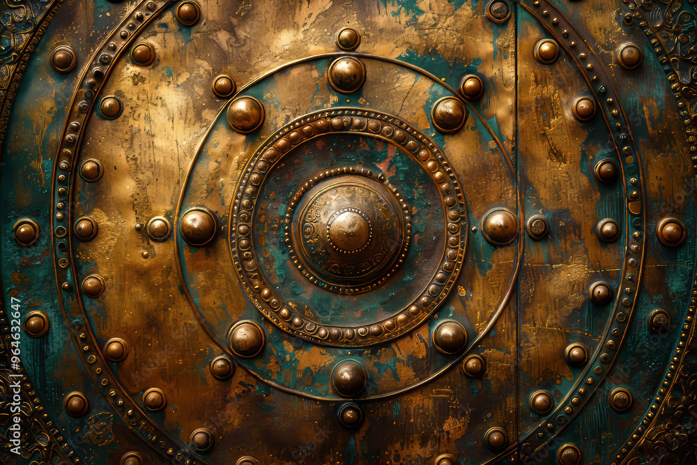 Naklejka premium Ancient bronze artifact with golden texture and intricate patterns on a worn, abstract surface, highlighting detailed craftsmanship