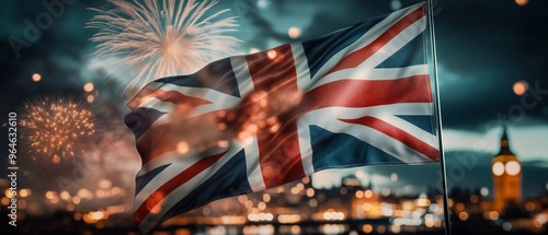 United Kingdom flag with fireworks in the background, conveying national pride and celebration photo