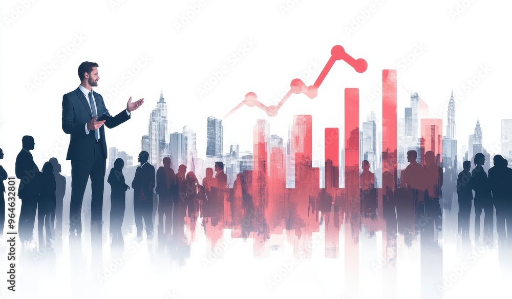 Businessman presenting a graph to a diverse group in a modern cityscape setting with growth data visualization Businessman presenting a graph to a diverse group in a modern cityscape setting with growth data visualization