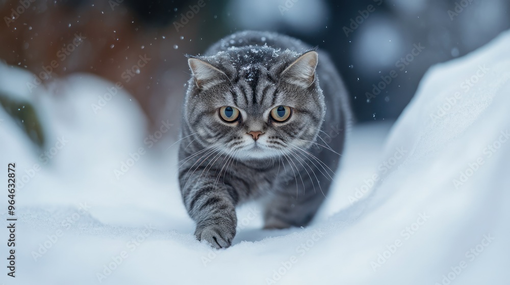 A cat walking through snowflakes in a winter landscape. A cat walking through snowflakes in a winter landscape.