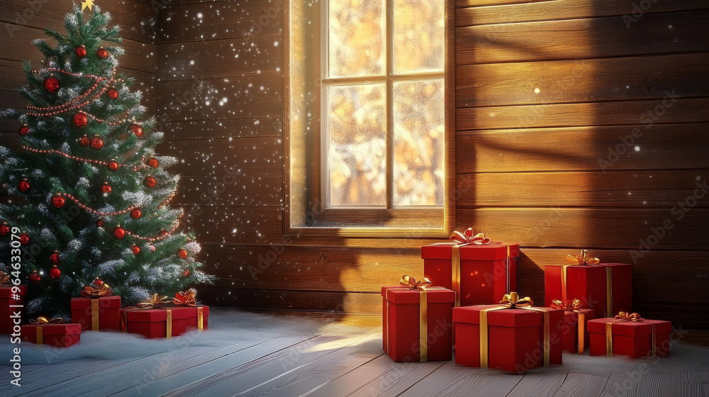 Realistic group of red gift box on the ground, christmas tree behide the red gift box, the wooden wall in the room include a spacious area suitable for overlaying text. Generative Image AI Realistic group of red gift box on the ground, christmas tree behide the red gift box, the wooden wall in the room include a spacious area suitable for overlaying text. Generative Image AI