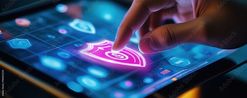 Close-up of a hand interacting with a digital security shield on a touchscreen device Close-up of a hand interacting with a digital security shield on a touchscreen device