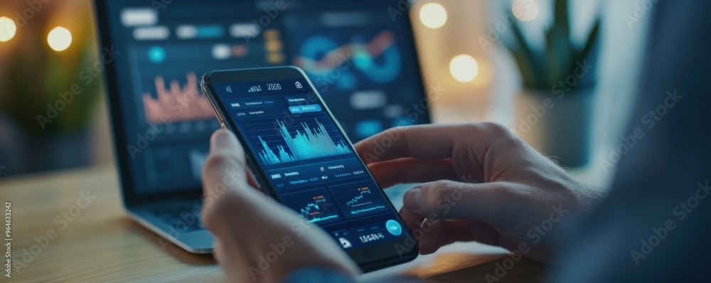 Hands using a mobile phone to analyze financial data with a laptop in the background, displaying graphs and charts for business planning Hands using a mobile phone to analyze financial data with a laptop in the background, displaying graphs and charts for business planning
