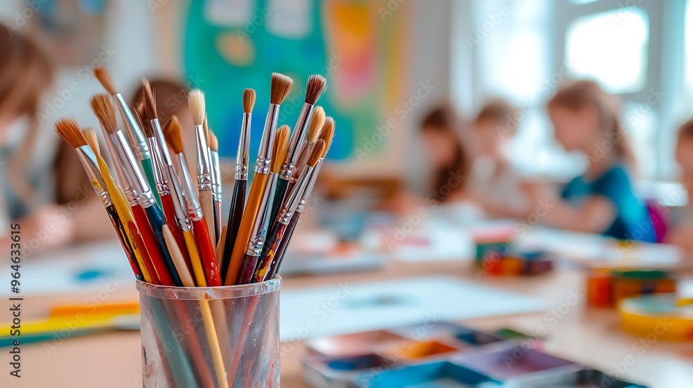 Art studio with children drawing, paintbrushes on table, shallow depth of field Art studio with children drawing, paintbrushes on table, shallow depth of field