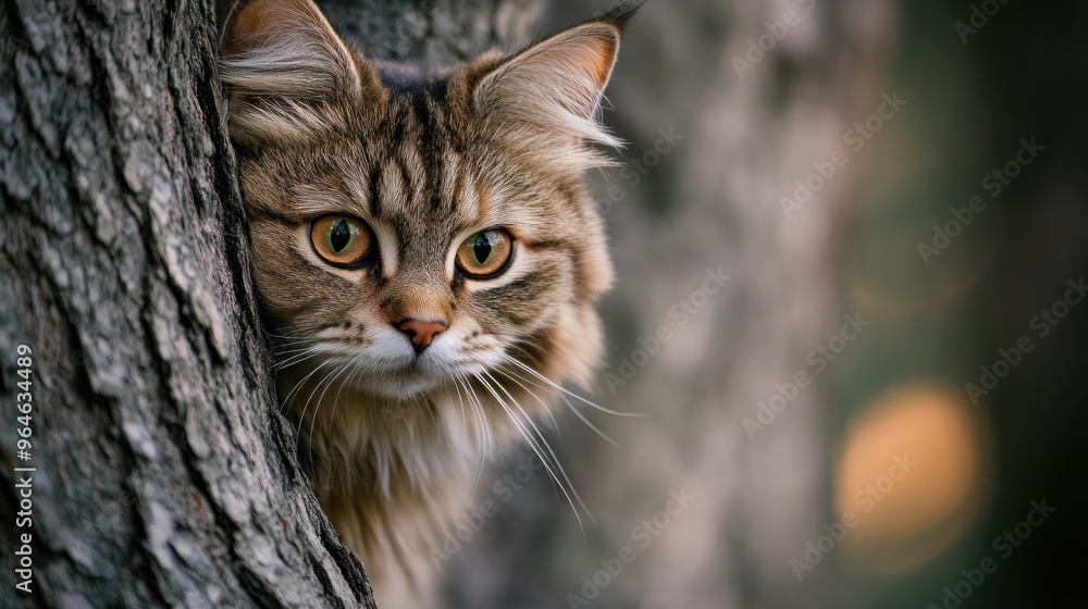 A close-up of a cat peering from behind a tree, showcasing its curious expression. A close-up of a cat peering from behind a tree, showcasing its curious expression.