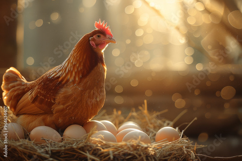 Fresh organic eggs laid by a healthy hen in a cozy straw nest, illuminated by warm natural sunlight in a rustic barn, promoting sustainable egg farming, quality production, and natural protein sources photo