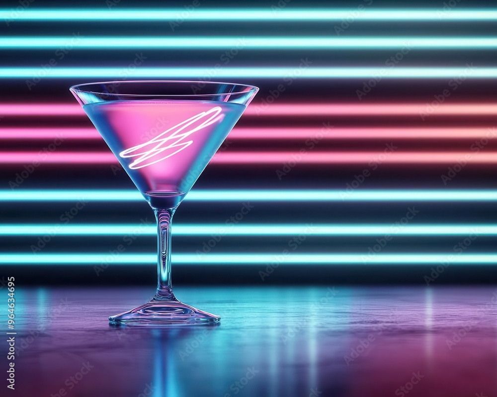 Martini glass filled with glowing, pulsating neon light, set against a dark futuristic bar, Sci-fi, Neon lighting, High contrast Martini glass filled with glowing, pulsating neon light, set against a dark futuristic bar, Sci-fi, Neon lighting, High contrast