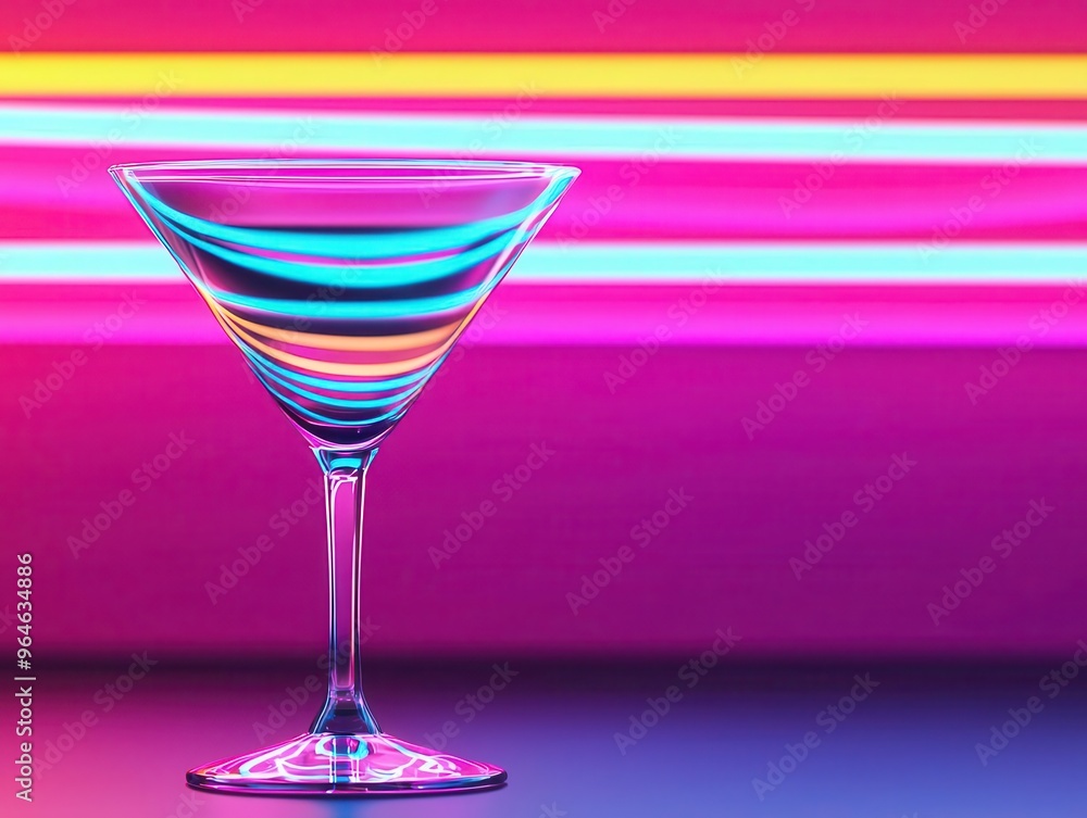 Martini glass filled with clear liquid, surrounded by abstract holographic waves, Futuristic, Digital Art, High-tech, Neon accents Martini glass filled with clear liquid, surrounded by abstract holographic waves, Futuristic, Digital Art, High-tech, Neon accents